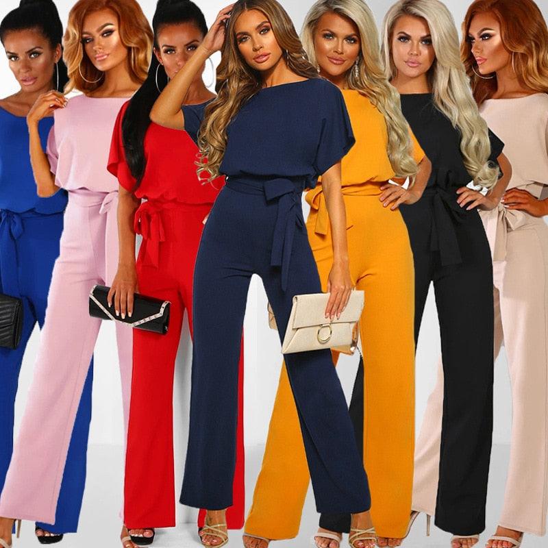 Women's Belted Jumpsuit | Short Sleeve Wide Leg Wedding Guest Outfit-Women Jumpsuit-Sasha Sydney