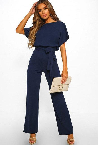 Women's Belted Jumpsuit | Short Sleeve Wide Leg Wedding Guest Outfit-Women Jumpsuit-Sasha Sydney