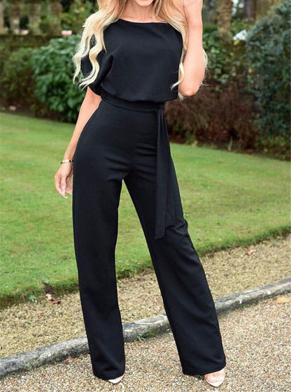 Women's Belted Jumpsuit | Short Sleeve Wide Leg Wedding Guest Outfit-Women Jumpsuit-Sasha Sydney