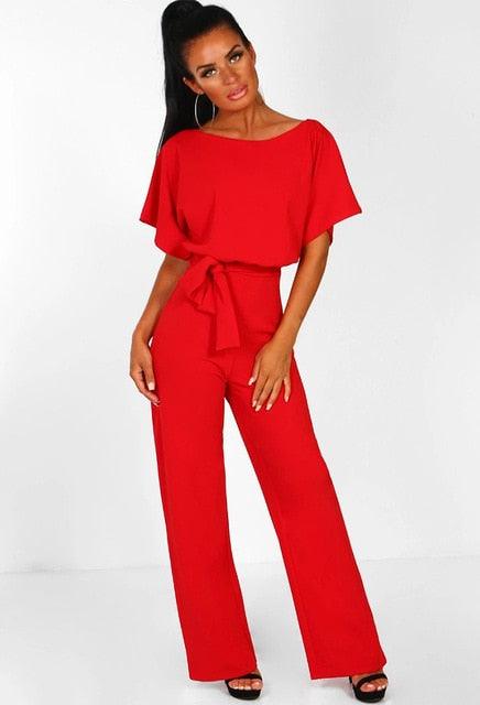 Women's Belted Jumpsuit | Short Sleeve Wide Leg Wedding Guest Outfit-Women Jumpsuit-Sasha Sydney
