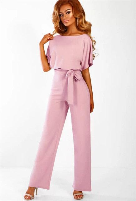 Women's Belted Jumpsuit | Short Sleeve Wide Leg Wedding Guest Outfit-Women Jumpsuit-Sasha Sydney