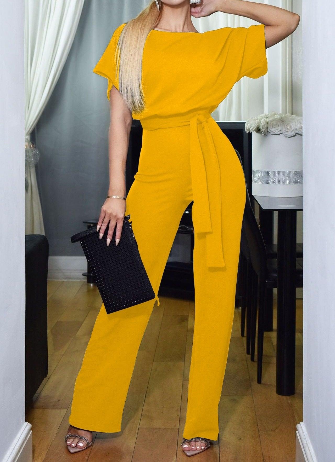 Women's Belted Jumpsuit | Short Sleeve Wide Leg Wedding Guest Outfit-Women Jumpsuit-Sasha Sydney