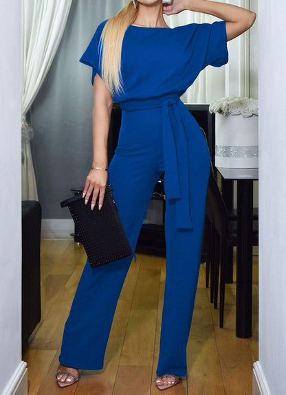Women's Belted Jumpsuit | Short Sleeve Wide Leg Wedding Guest Outfit-Women Jumpsuit-Sasha Sydney