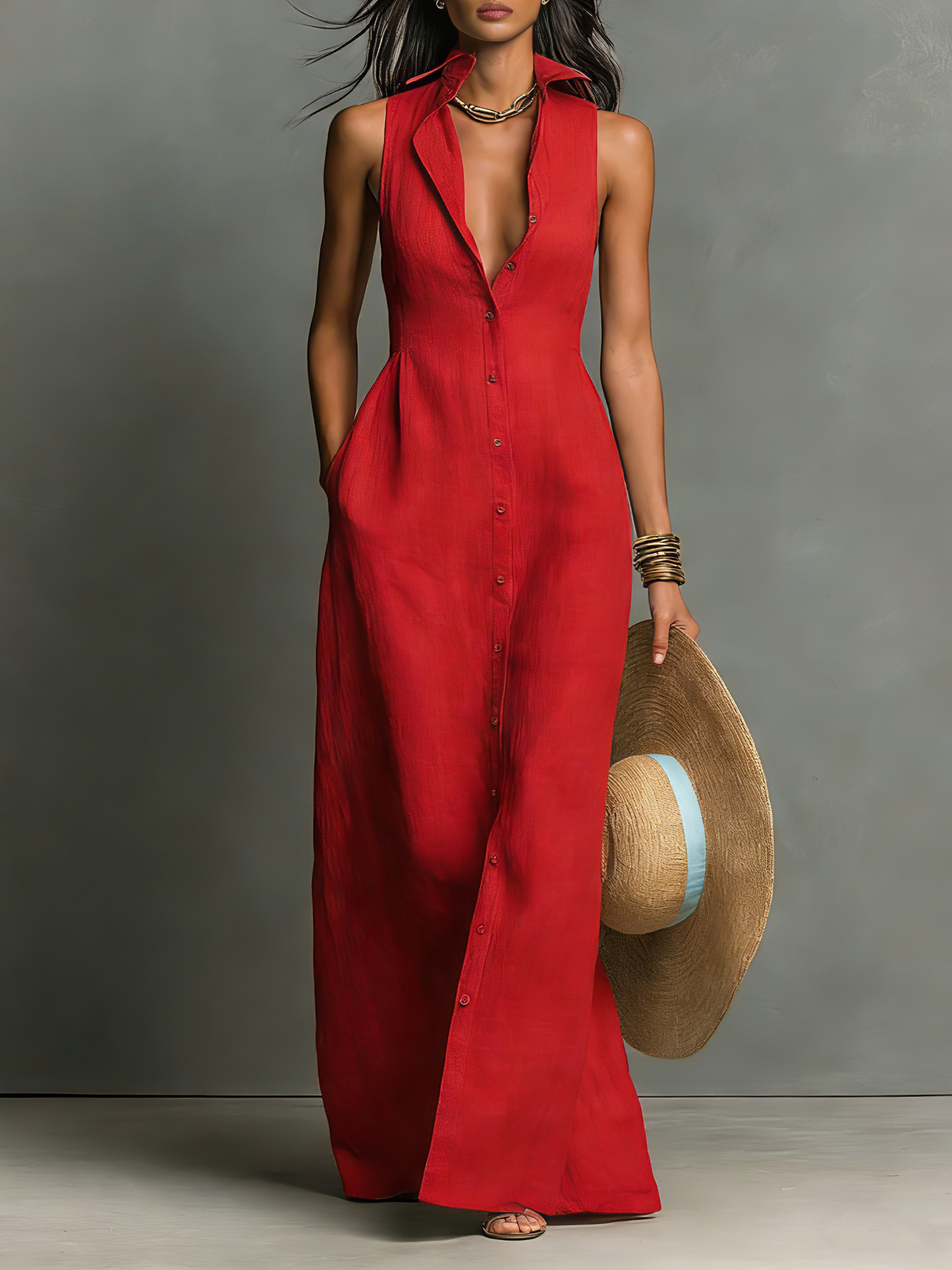 Linen-Blend Sleeveless Maxi Shirt Dress Women UK – Minimalist Collared Dress, Wedding Guest & Garden Party