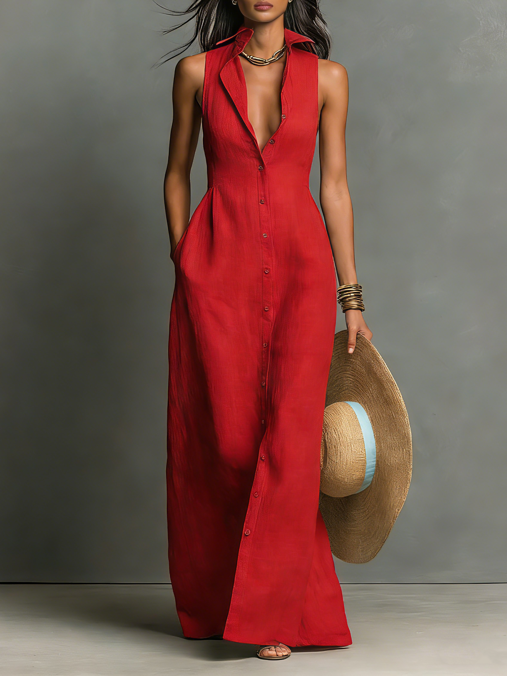 Linen-Blend Sleeveless Maxi Shirt Dress Women UK – Minimalist Collared Dress, Wedding Guest & Garden Party
