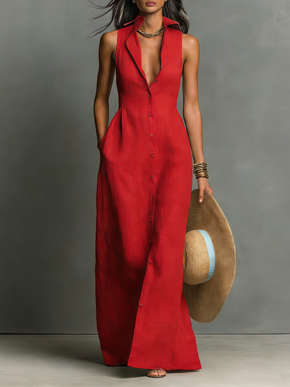 Linen-Blend Sleeveless Maxi Shirt Dress Women UK – Minimalist Collared Dress, Wedding Guest & Garden Party