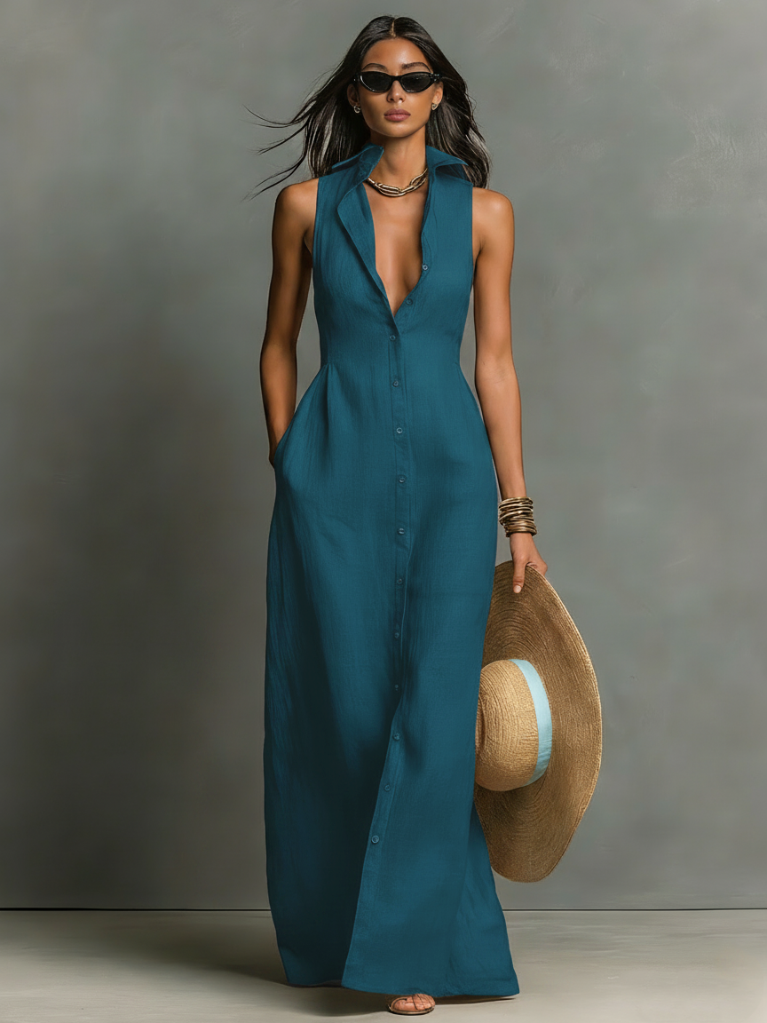 Linen-Blend Sleeveless Maxi Shirt Dress Women UK – Minimalist Collared Dress, Wedding Guest & Garden Party - Image 3