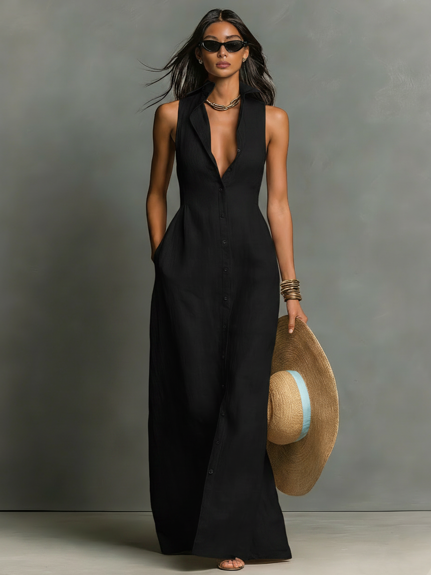 Linen-Blend Sleeveless Maxi Shirt Dress Women UK – Minimalist Collared Dress, Wedding Guest & Garden Party - Image 4