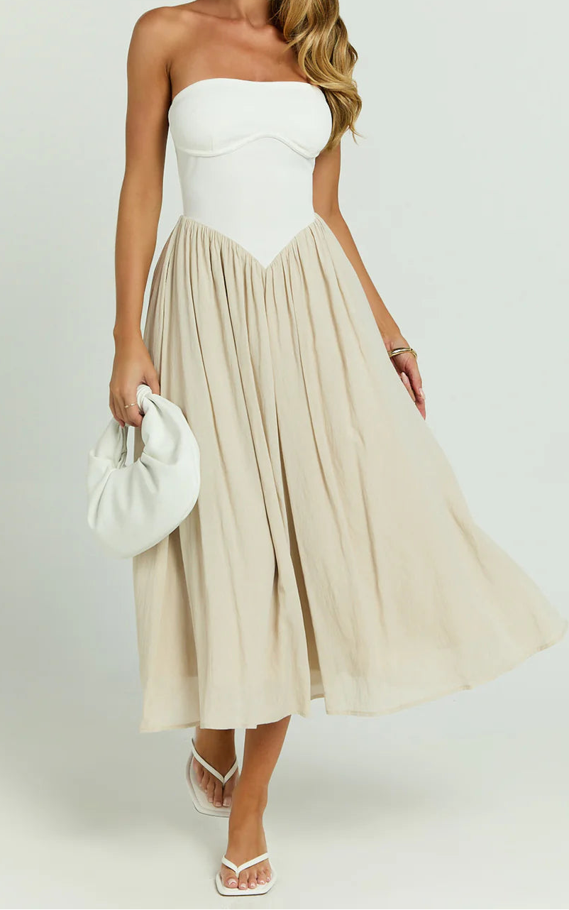 Women's Colour Block Midi Dress | Strapless Corset Panel Occasion Wear