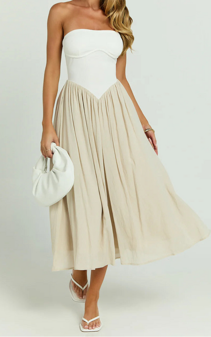 Women's Colour Block Midi Dress | Strapless Corset Panel Occasion Wear