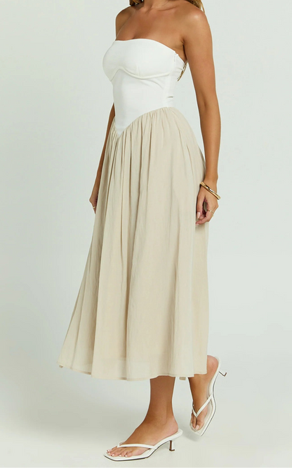 Women's Colour Block Midi Dress | Strapless Corset Panel Occasion Wear
