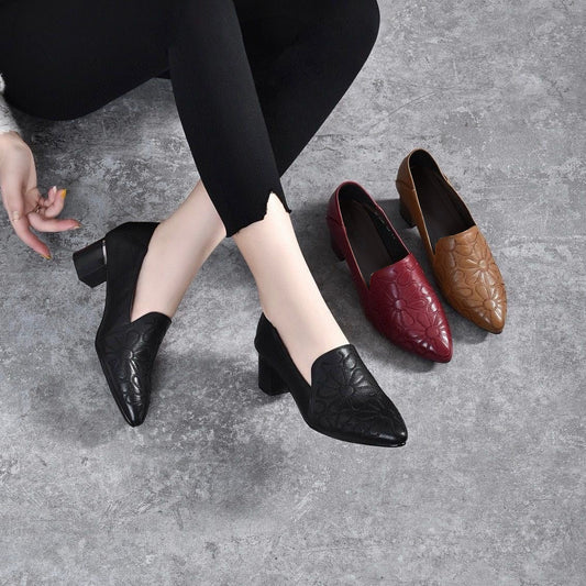 Women's Embossed Court Shoes | Block Heel Slip On Everyday Footwear-Women Shoes-Sasha Sydney