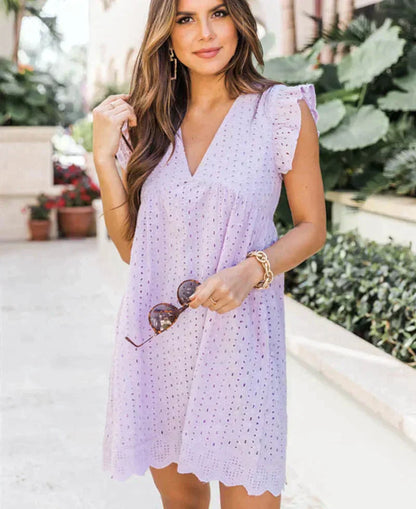 Women's Eyelet Mini Dress | Sleeveless V Neck Holiday Garden Party-Women Dress-Sasha Sydney