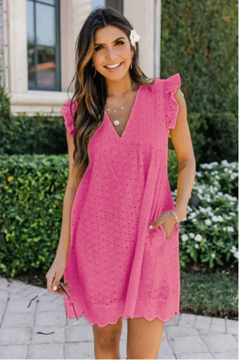 Women's Eyelet Mini Dress | Sleeveless V Neck Holiday Garden Party-Women Dress-Sasha Sydney