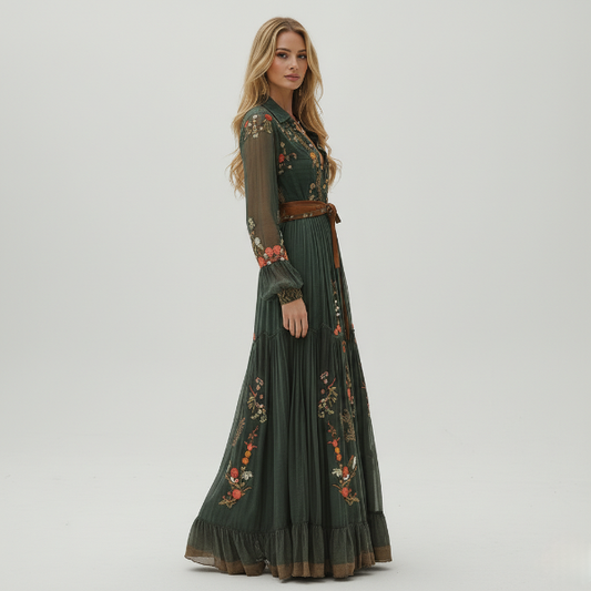 Floral Maxi Dress for Women with Button-Front, Ruffle Collar, and Tie Waist Belt - Perfect for Casual or Formal Occasions - Image 4