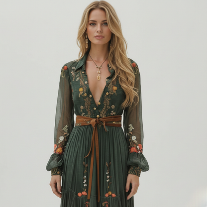 Floral Maxi Dress for Women with Button-Front, Ruffle Collar, and Tie Waist Belt - Perfect for Casual or Formal Occasions - Image 3
