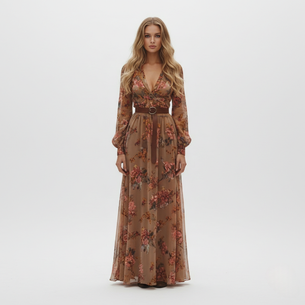Floral Maxi Dress for Women with Button-Front, Ruffle Collar, and Tie Waist Belt - Perfect for Casual or Formal Occasions - Image 2