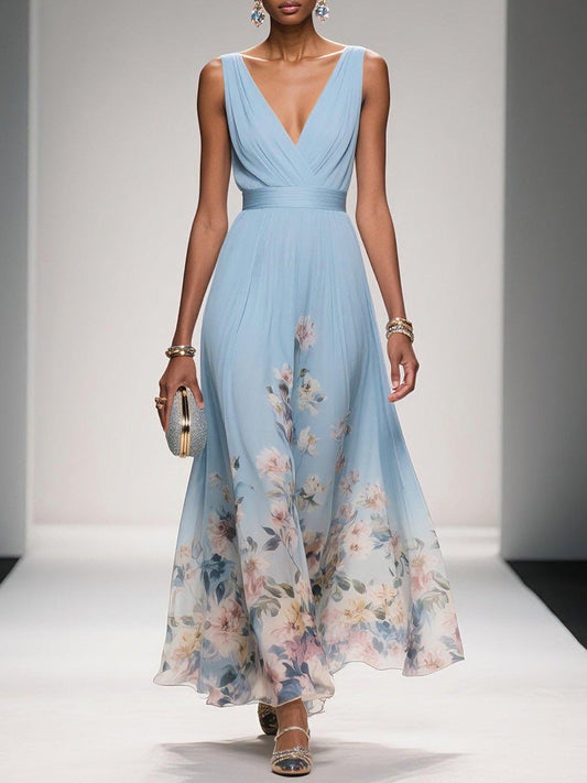 Floral Maxi Dress for Women - Sleeveless V-Neck, Wide Straps, Waistband - Ideal for Summer Events and Casual Wear