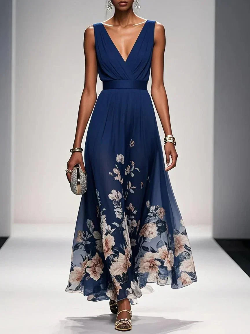 Floral Maxi Dress for Women - Sleeveless V-Neck, Wide Straps, Waistband - Ideal for Summer Events and Casual Wear - Image 4