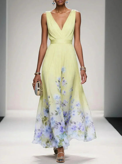 Floral Maxi Dress for Women - Sleeveless V-Neck, Wide Straps, Waistband - Ideal for Summer Events and Casual Wear - Image 5