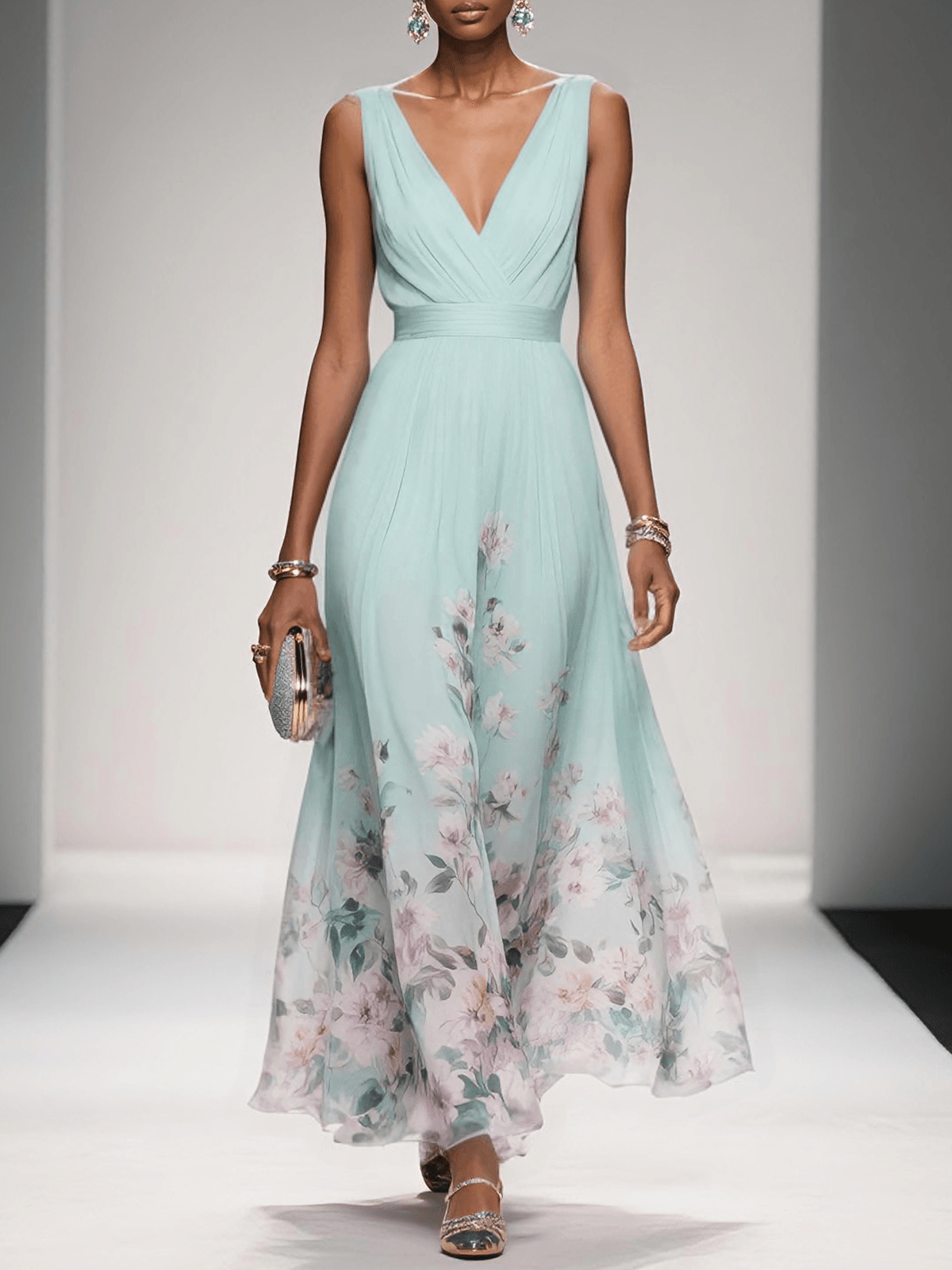 Floral Maxi Dress for Women - Sleeveless V-Neck, Wide Straps, Waistband - Ideal for Summer Events and Casual Wear - Image 6