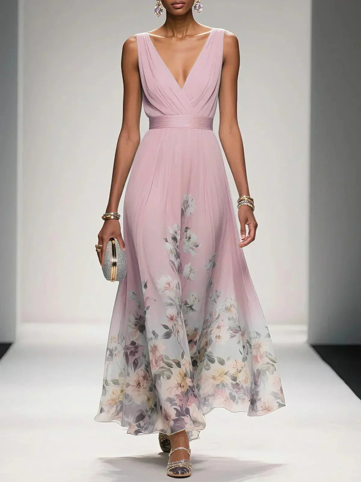 Floral Maxi Dress for Women - Sleeveless V-Neck, Wide Straps, Waistband - Ideal for Summer Events and Casual Wear - Image 7
