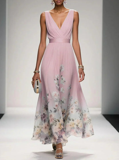 Floral Maxi Dress for Women - Sleeveless V-Neck, Wide Straps, Waistband - Ideal for Summer Events and Casual Wear - Image 7