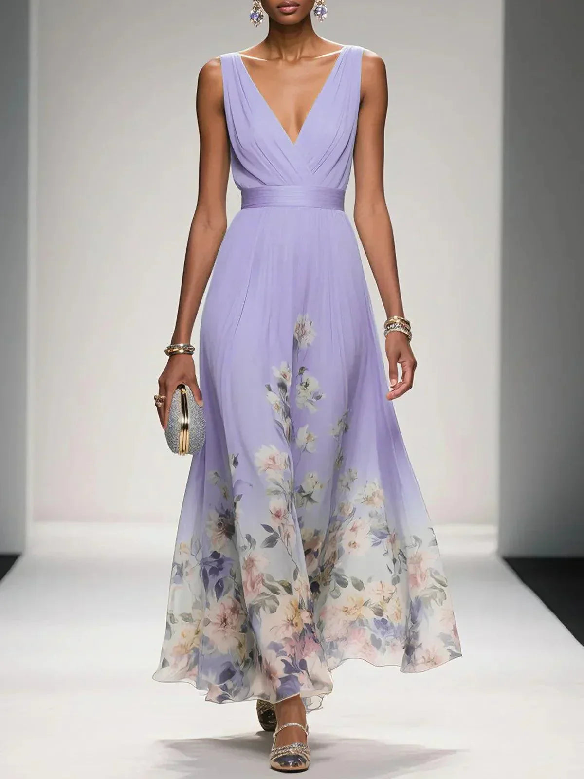 Floral Maxi Dress for Women - Sleeveless V-Neck, Wide Straps, Waistband - Ideal for Summer Events and Casual Wear - Image 8