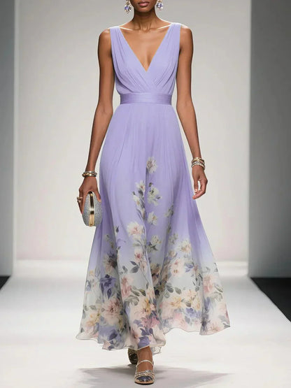 Floral Maxi Dress for Women - Sleeveless V-Neck, Wide Straps, Waistband - Ideal for Summer Events and Casual Wear - Image 8
