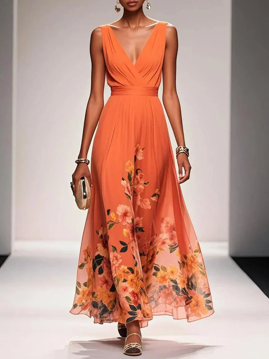 Floral Maxi Dress for Women - Sleeveless V-Neck, Wide Straps, Waistband - Ideal for Summer Events and Casual Wear - Image 9