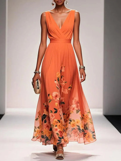 Floral Maxi Dress for Women - Sleeveless V-Neck, Wide Straps, Waistband - Ideal for Summer Events and Casual Wear - Image 9