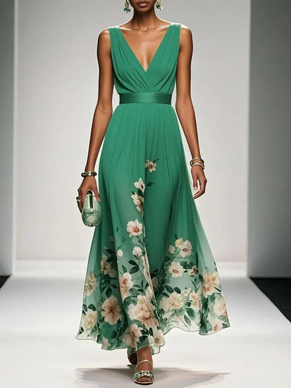 Floral Maxi Dress for Women - Sleeveless V-Neck, Wide Straps, Waistband - Ideal for Summer Events and Casual Wear - Image 10