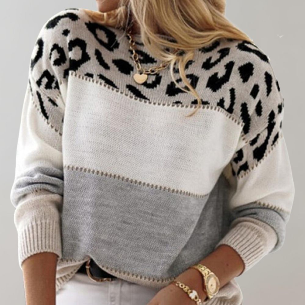 Viola | Women's Soft Knit Sweater with Color Block and Leopard Print - Image 3