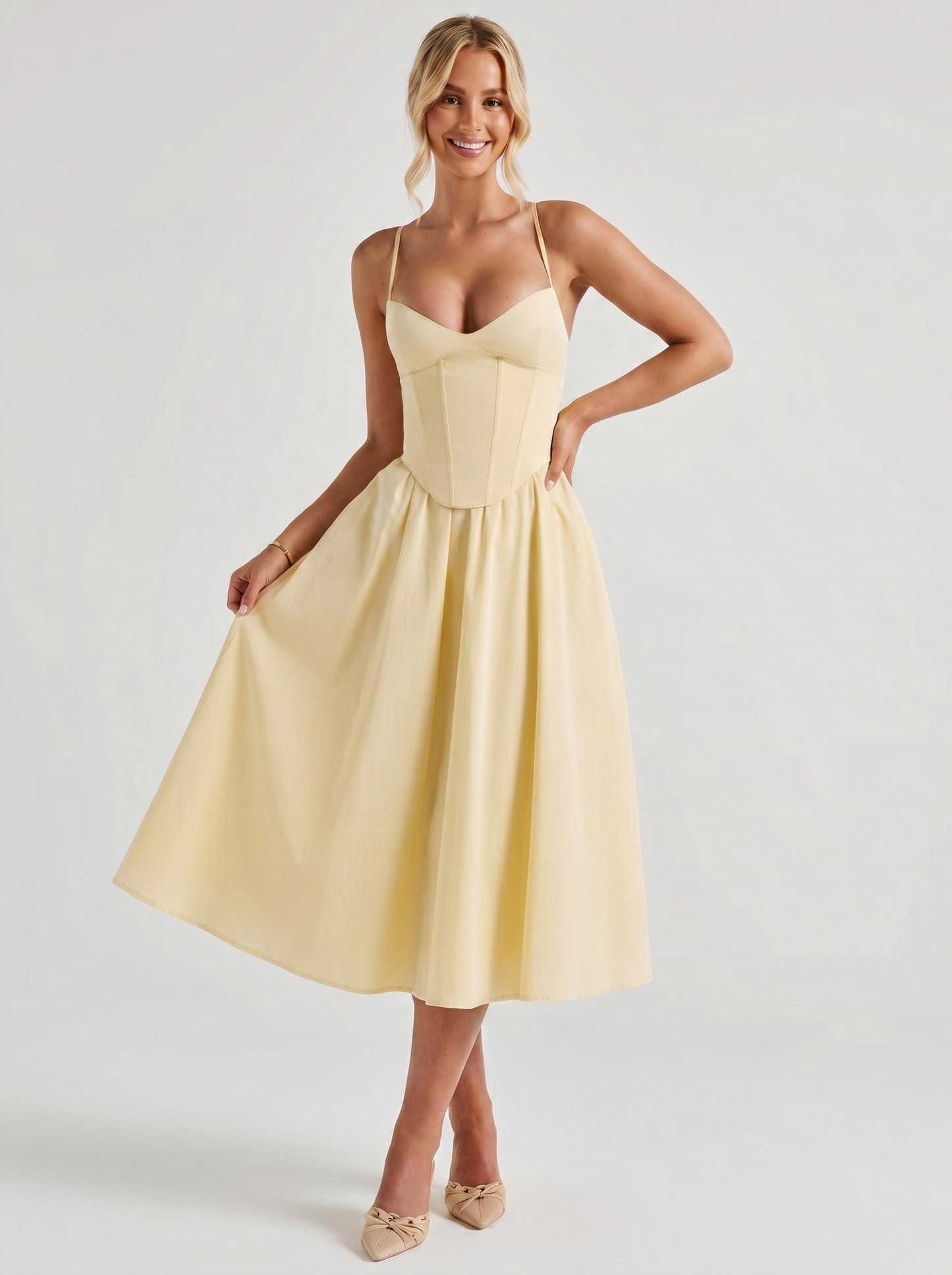 Lemon Midi Dress Women UK – Lightweight Fabric Garden Party Wedding Guest Cocktail Attire