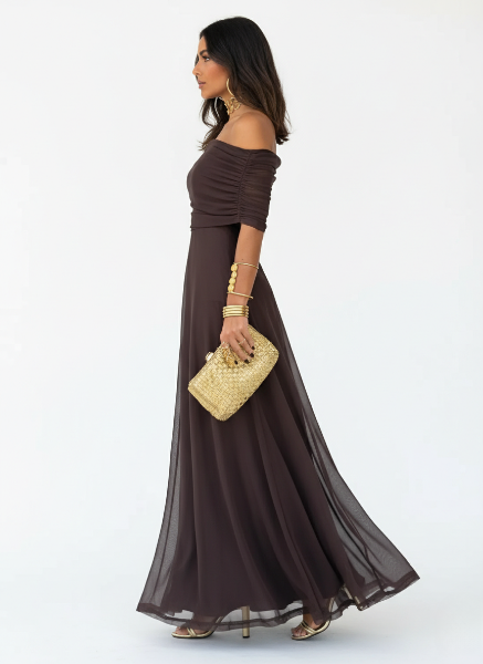 Off Shoulder Chiffon Maxi Dress for Women - Elegant Evening Wear with Flowing Skirt and Lightweight Fabric - Image 3