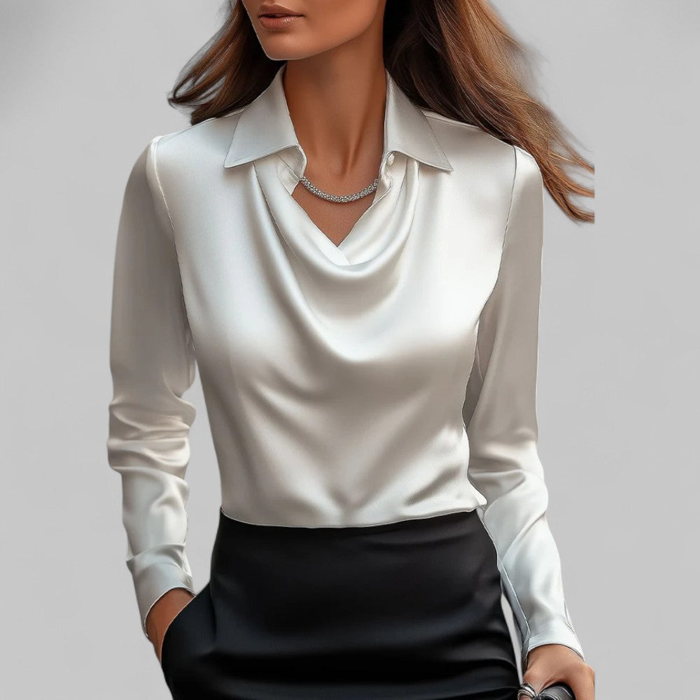 Theresa | Elegant Waterfall Neckline Satin Blouse for Women