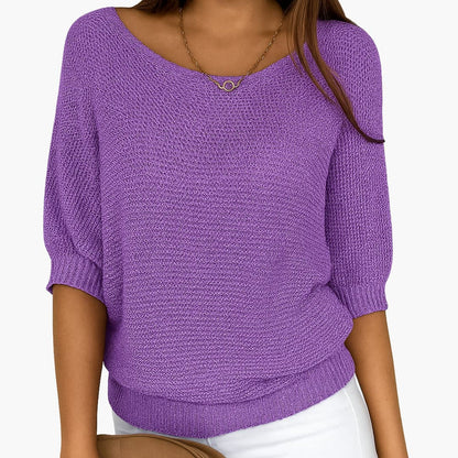 Women's Plain Knit Jumper | Round Neck Three Quarter Sleeve Everyday Wear
