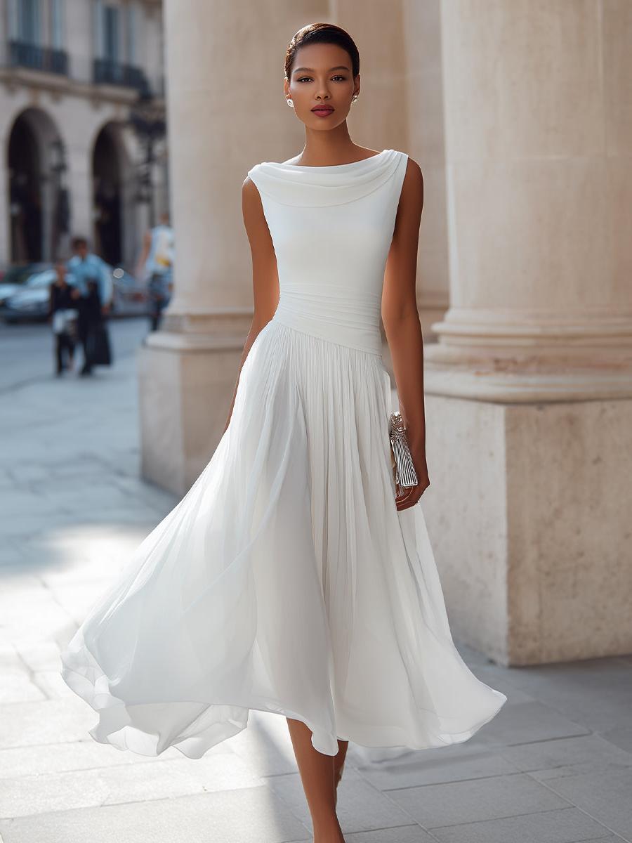 Sleeveless Pleated Midi Dress Women UK – Draped Neck Evening Gown, Wedding Guest & Formal Occasion
