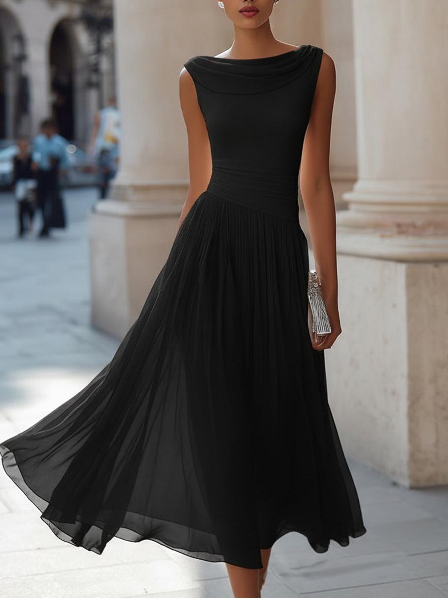 Sleeveless Pleated Midi Dress Women UK – Draped Neck Evening Gown, Wedding Guest & Formal Occasion - Image 3