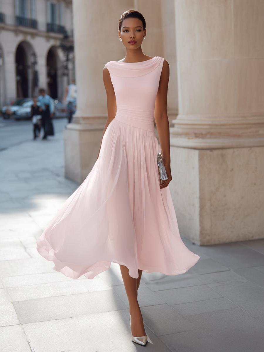 Sleeveless Pleated Midi Dress Women UK – Draped Neck Evening Gown, Wedding Guest & Formal Occasion - Image 5
