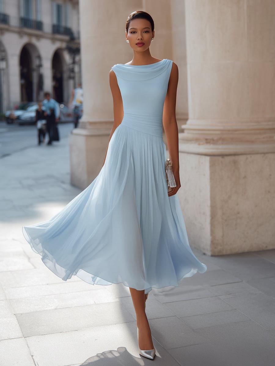 Sleeveless Pleated Midi Dress Women UK – Draped Neck Evening Gown, Wedding Guest & Formal Occasion - Image 6