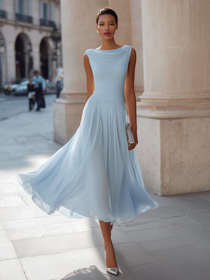 Sleeveless Pleated Midi Dress Women UK – Draped Neck Evening Gown, Wedding Guest & Formal Occasion - Image 6
