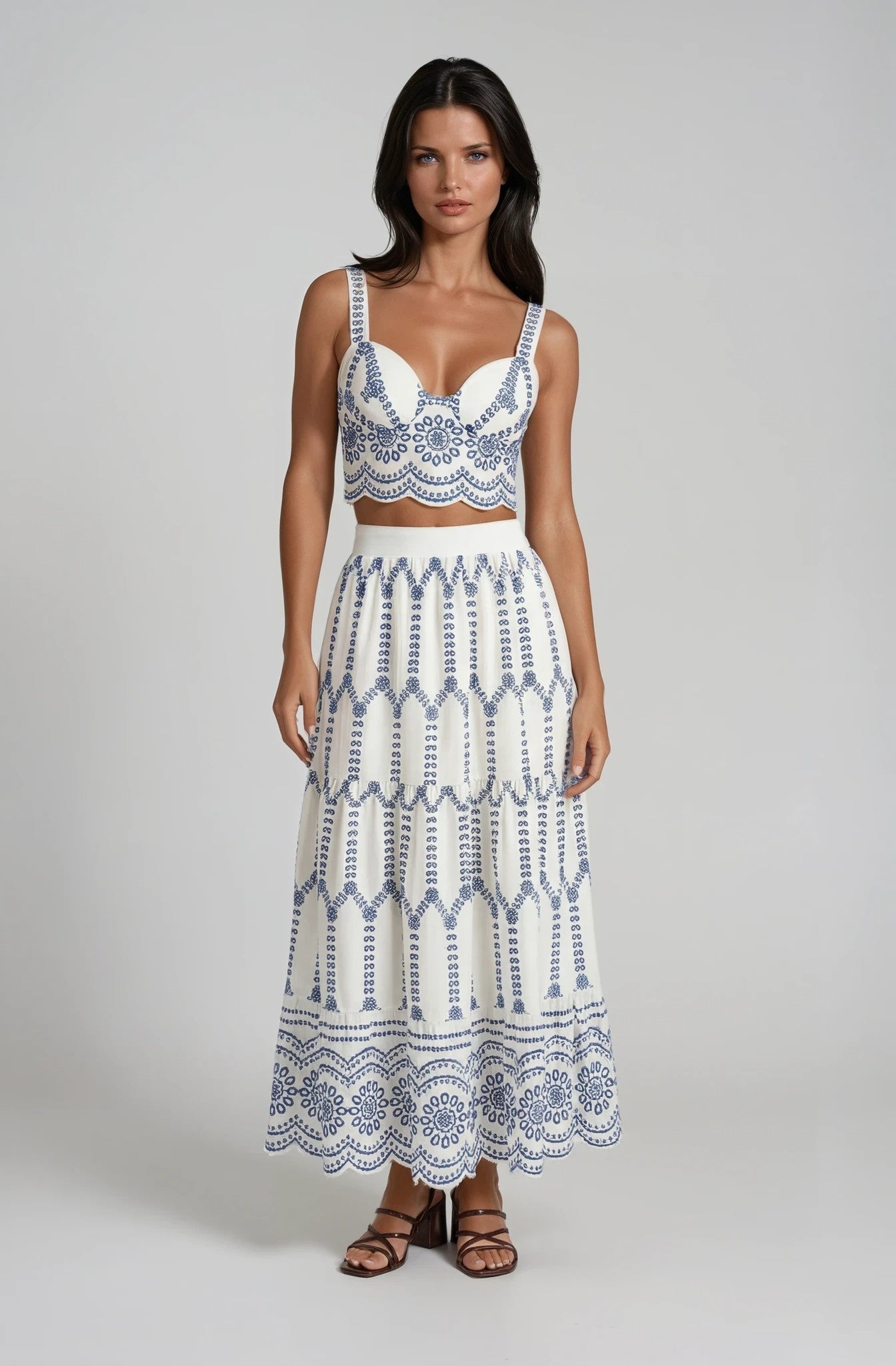 Embroidered Sleeveless Tie Back Skirt Set - Women's Summer Outfit - Image 3