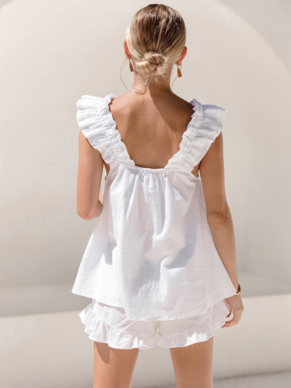 Linen Blend Ruffle Shorts Set for Women - Casual Summer Outfit - Image 5