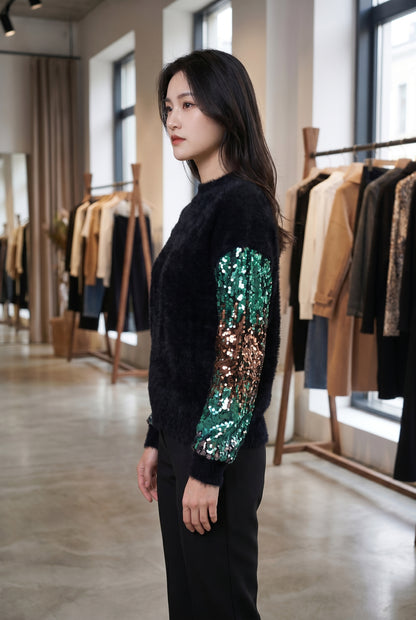 Women's Sequin Sleeve Jumper | Long Sleeve High Neck Party Knitwear