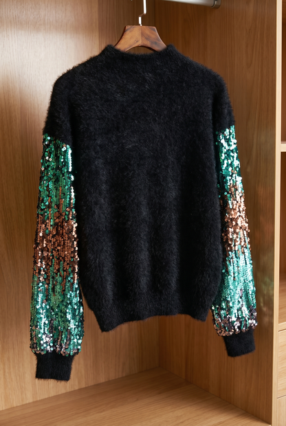 Women's Sequin Sleeve Jumper | Long Sleeve High Neck Party Knitwear