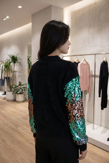 Women's Sequin Sleeve Jumper | Long Sleeve High Neck Party Knitwear