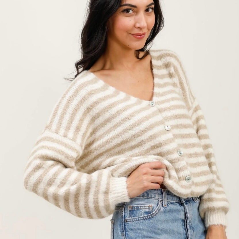 Lulu Striped Cardigan- Latte & Snow - Image 4