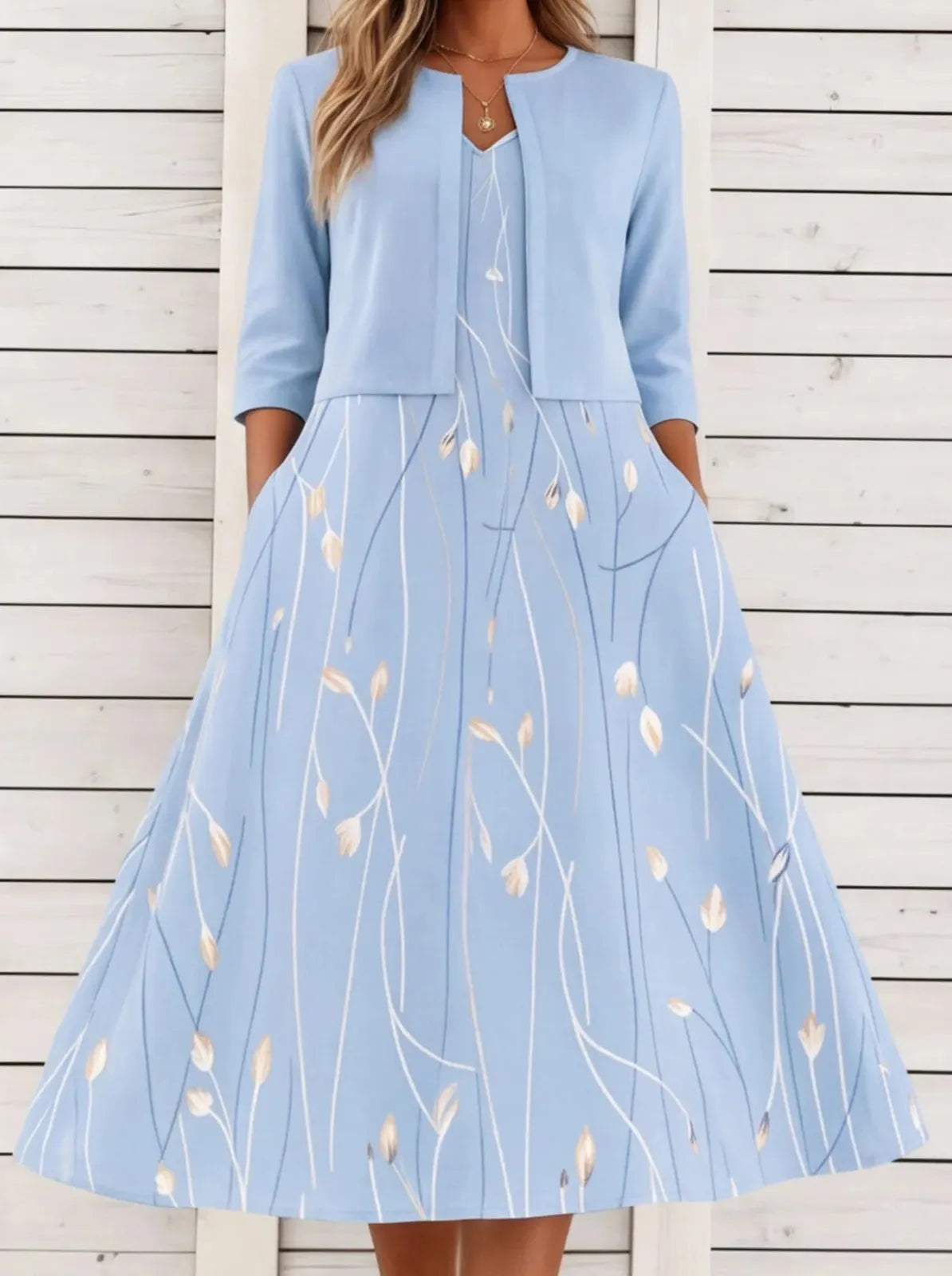 Floral Print Two-Piece Midi Dress Women UK – Garden Party Summer Outfit, Wedding Guest