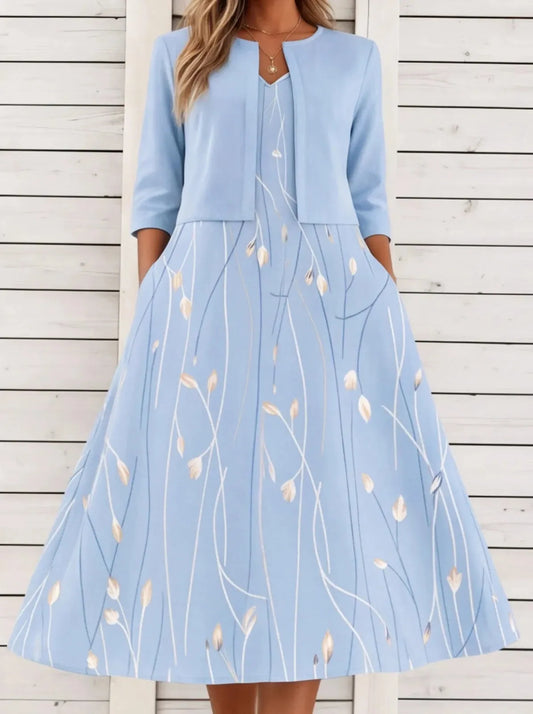 Women's Two Piece Set | Floral Print Dress Cropped Jacket Occasion Wear-Women Outfit Set-Sasha Sydney